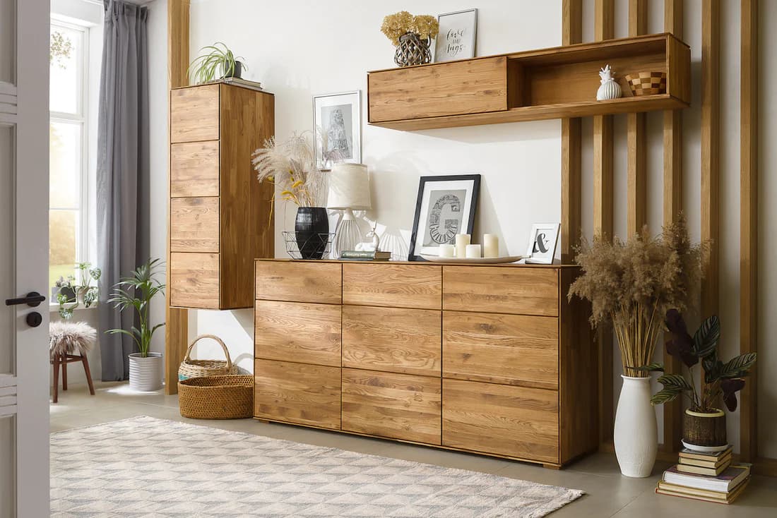 Ambiente de living con muebles de roble a medida fabricados por Astorga